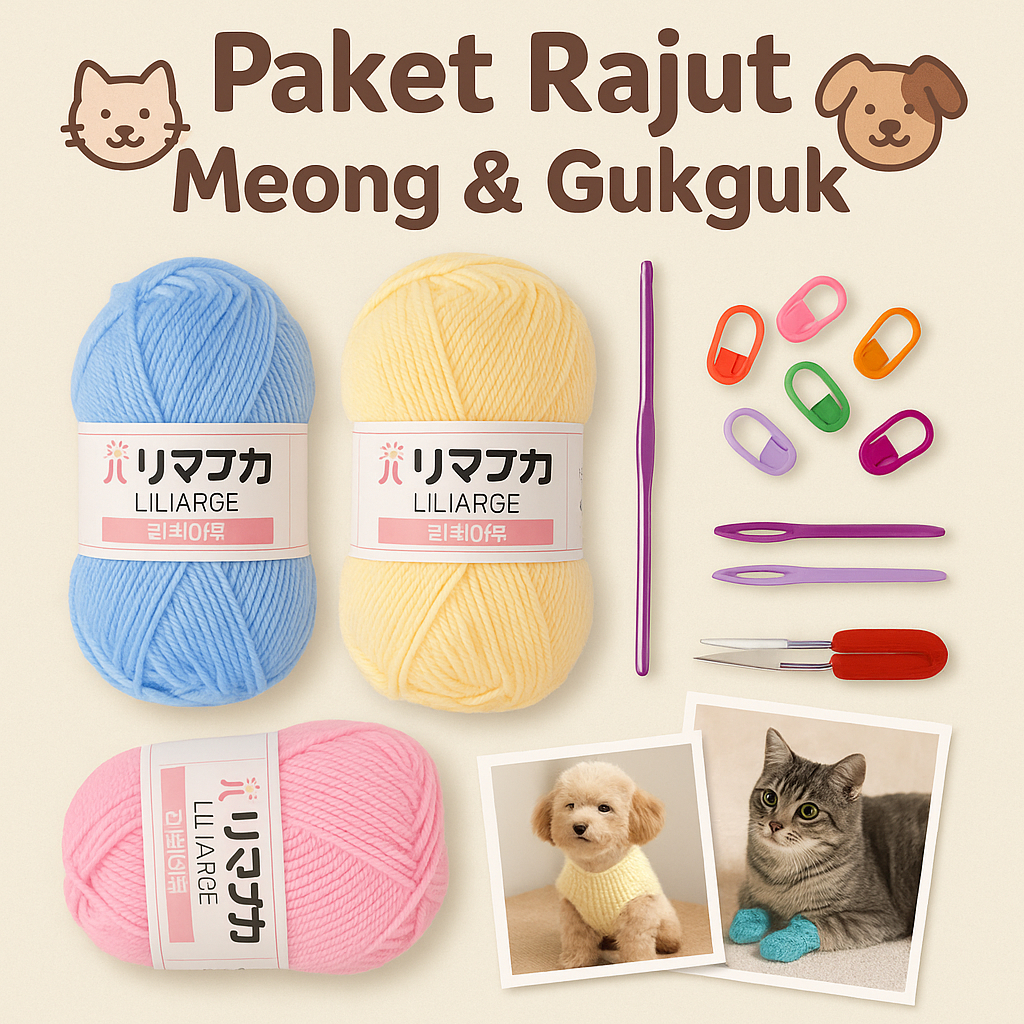 MADEBYBULAT BENANG RAJUT Paket Benang Rajut dan Alat Crochet Kit untuk Baju Hewan Peliharaan Paket B