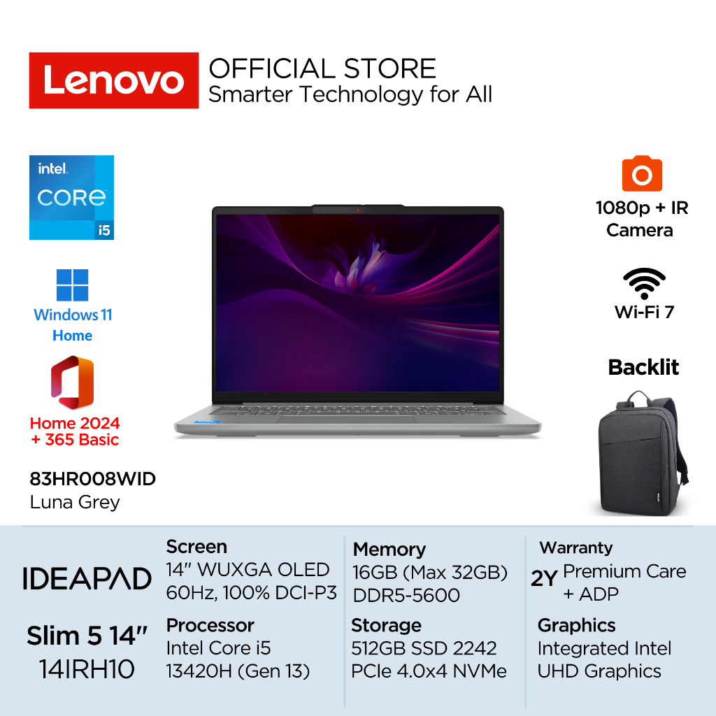 Lenovo IdeaPad Slim 5i 14IRH10 Intel Core i5 13420H Win11 16GB 512GB SSD 14" WUXGA OLED 60Hz 100% DC