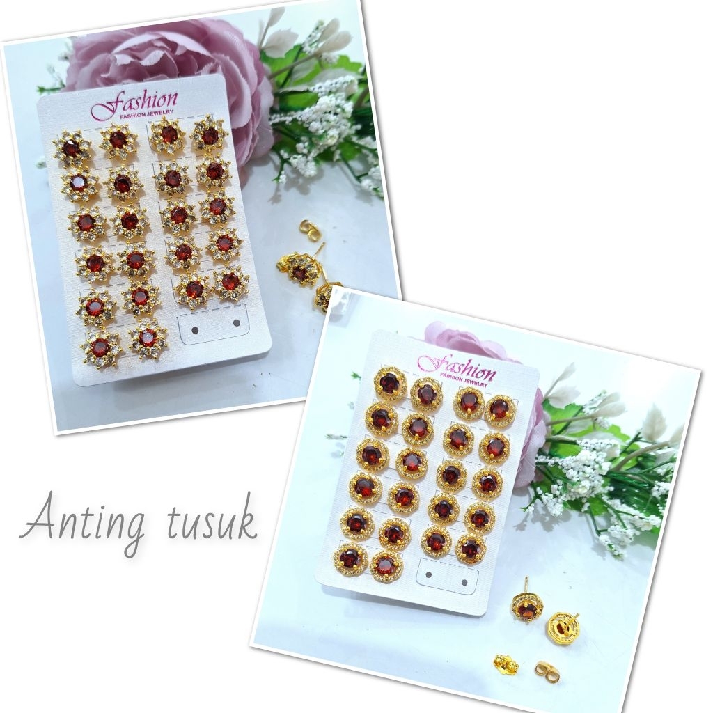 Anting tusuk/anting permata merah/ Anting wanita fashion
