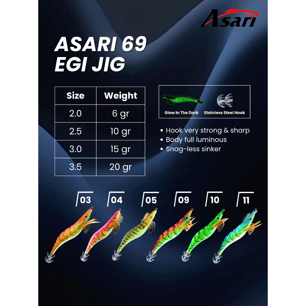 Umpan Cumi ASARI 69 EGI Jig Glow in The Dark – Luminous Squid Jig Kail Tajam 6g-20g