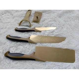 SALE Pisau Dapur Set 5-in-1 Gold Motif Bunga Stainless Steel Tajam