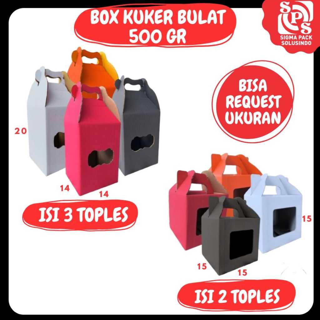 

Kardus Jinjing 14x14x20 / 15x15x15 Kue Kering 500gr Isi 2/3 Bulat Gable Box Kuker Dus Idul Fitri Warna