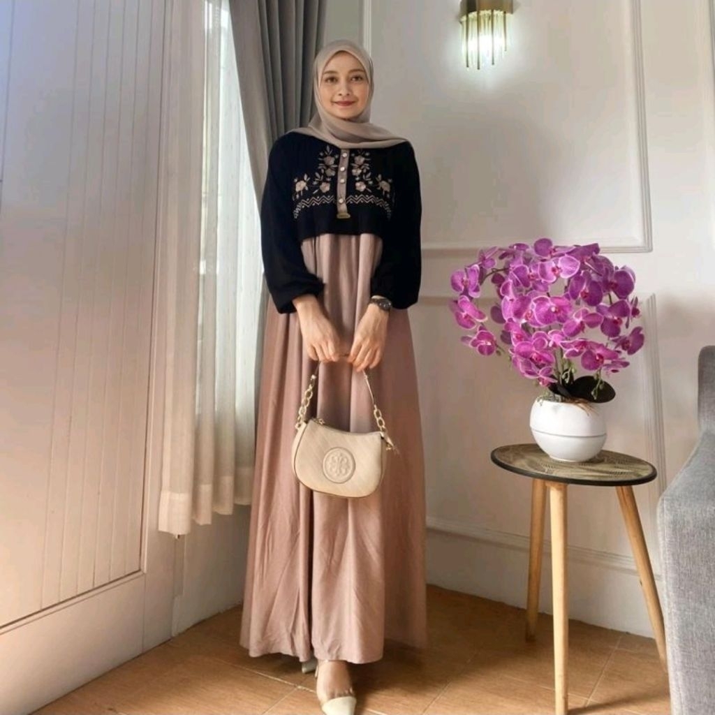 Qiyara Dress Bordir cantik | Gamis Rayon Bordir Bunga Mewah | Gamis Bordir Murah Kekinian