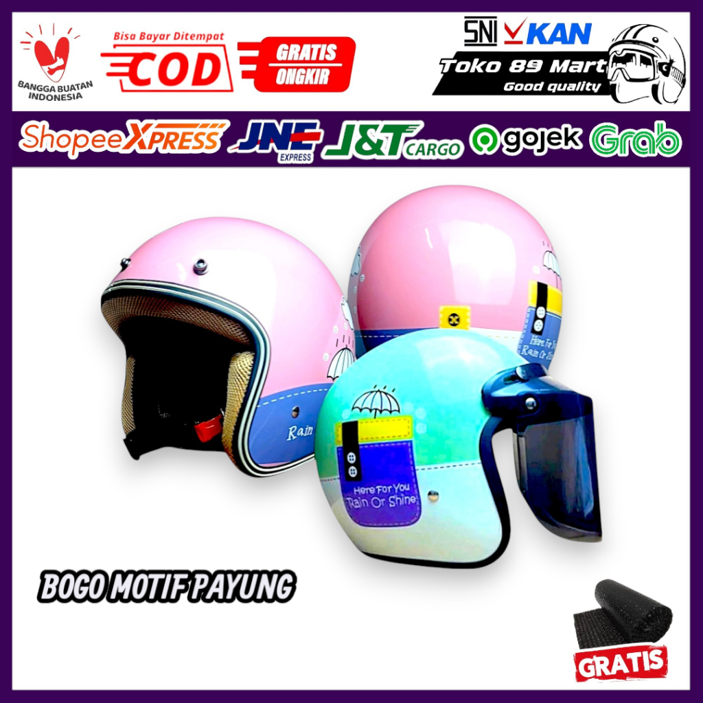 HELM BIVI Bogo Motif Payung Lucu SNI Retro + Kaca Half Face Wanita Hijab