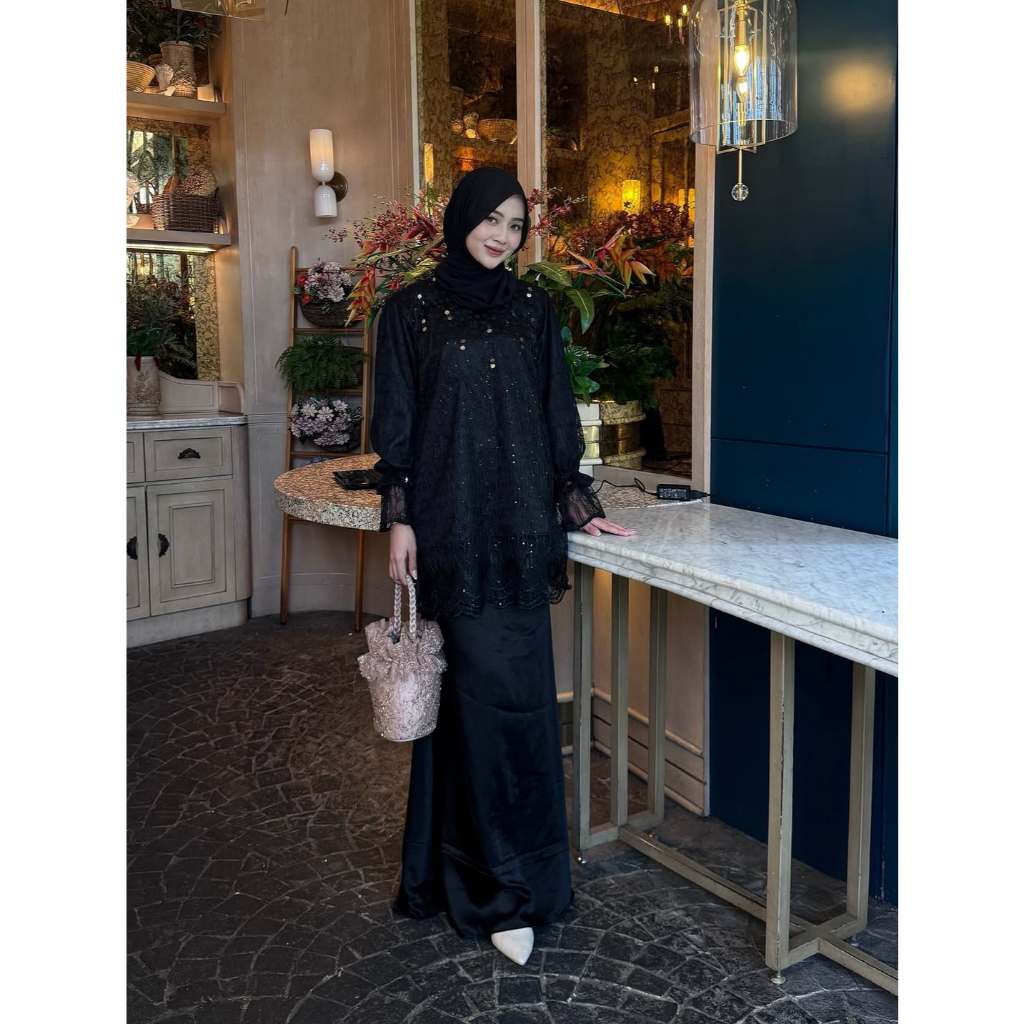 Dayana Oneset Tunik Celana Bahan Silk Brukat Tulle Mix Chantily Kondangan Wisuda Lamaran