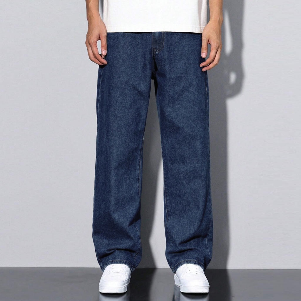 Elastic Waist Baggy Jeans Pria Plus Size Straight Cut Celana Panjang Jeans