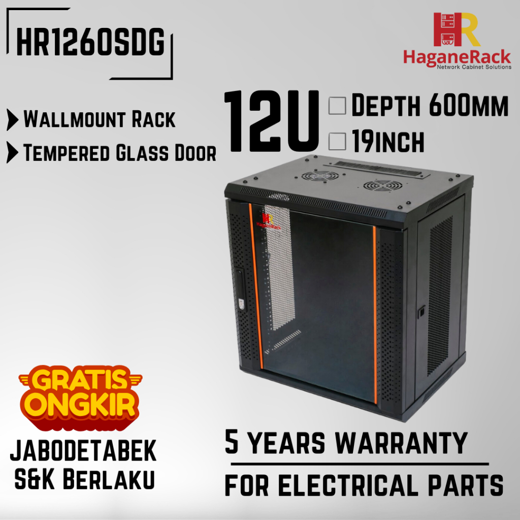 HaganeRack Wallmount Rak Server 12U 600mm - HR1260SDG Rak Server 12U Single Door