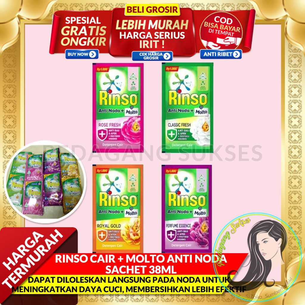 GROSIR PASTI MURAH RINSO CAIR + MOLTO ANTI NODA SACHET UKURAN 38ML - RINSO  LIQUID CAIR KEMASAN SACH