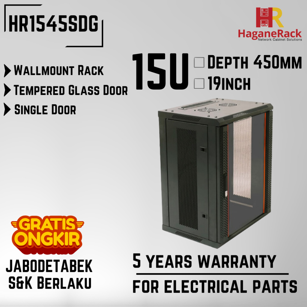 HaganeRack Wallmount Rak Server 15U 450mm - HR1545SDG Rak Server 15U Single Door