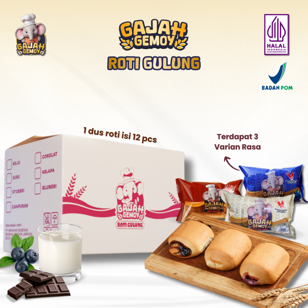 

Gajah Gemoy - Roti Gulung Gajah Gemoy Rasa Susu Blueberry Cokelat | Snack Roti Lembut Halal BPOM