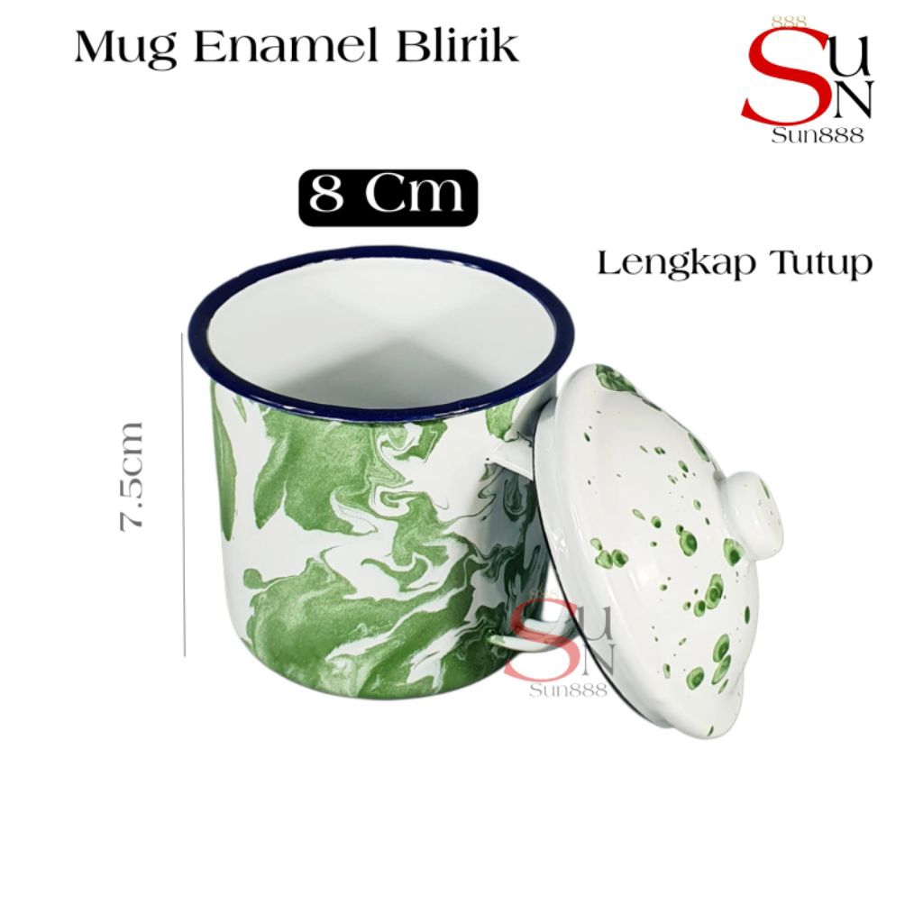 Gelas Jadul Hijau Cangkir Enamel Blirik Kecil 8cm Mug Jadul Lurik Termasuk Tutup