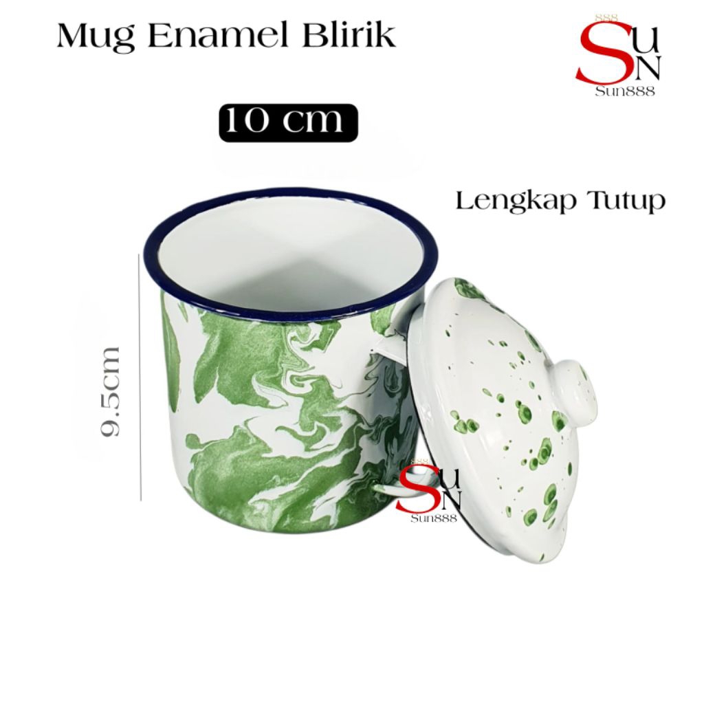 Gelas Jadul Hijau Cangkir Enamel Blirik Kecil 10cm Mug Jadul Lurik Termasuk Tutup