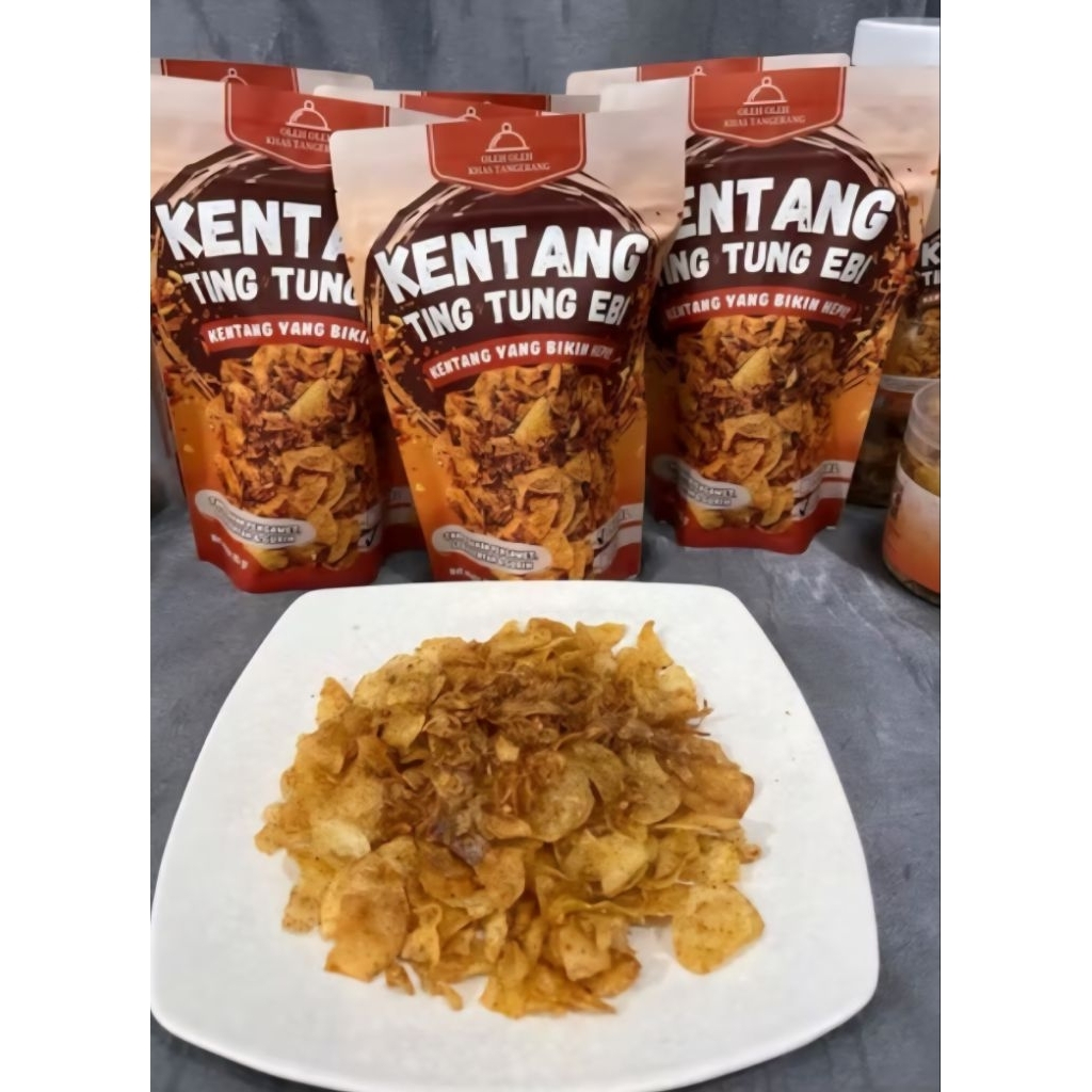 

85 gram Kentang Ting Tung Ebi Keripik Kentang Dengan Ebi Premium Bawang Goreng Pedas Dan Original Gurih Enak Cemilan Lauk Murah Nagih Khas Tangerang Banten