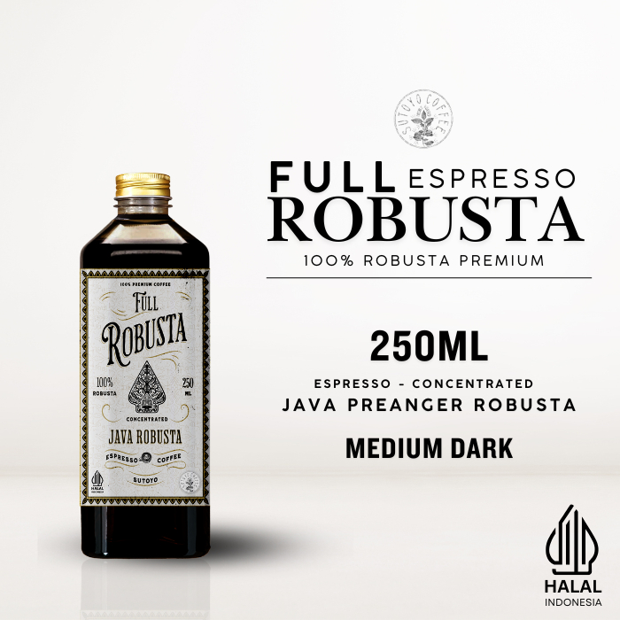 

Kopi Konsentrat Full Robusta Espresso Cair 250 ML | Konsentrat Kopi Espresso | Es kopi susu | americano | Medium Dark Roast - Sutoyo coffee