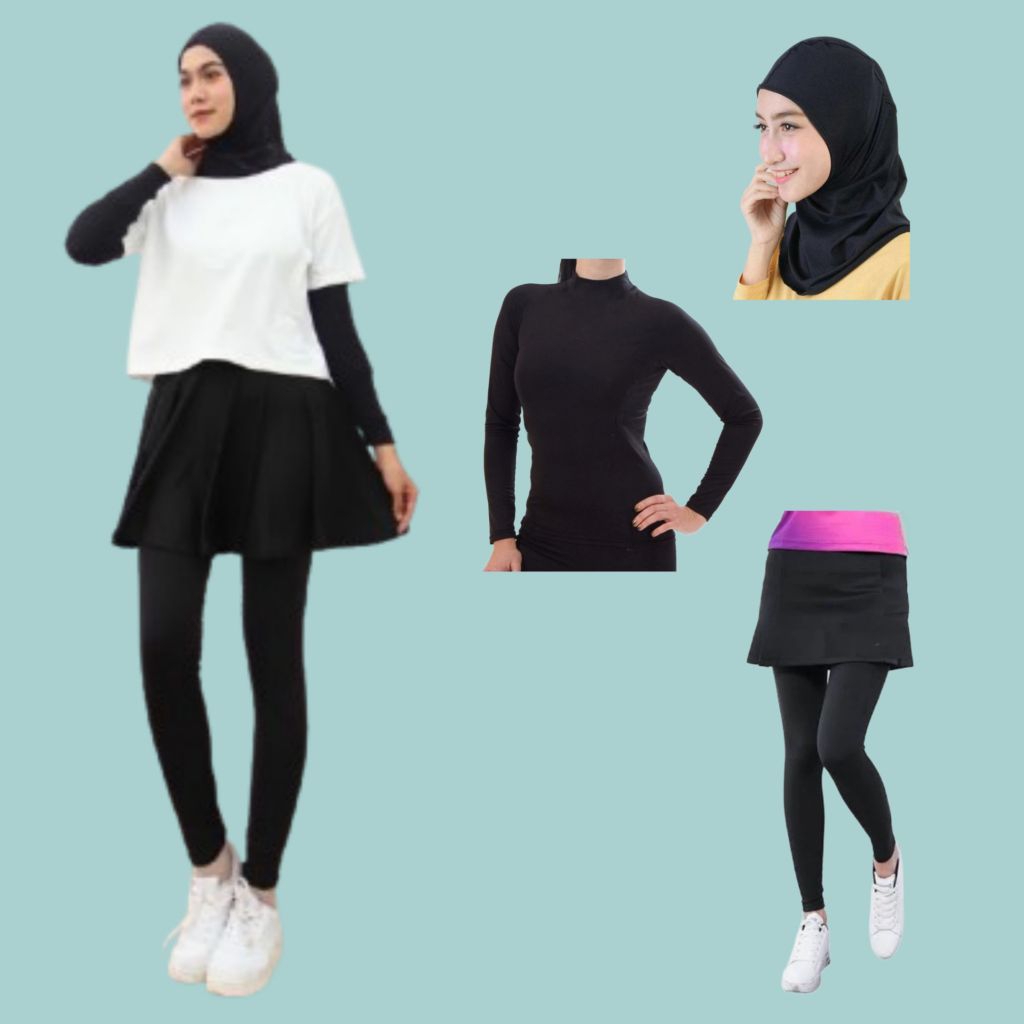 FULL SET - OLAHRAGA WANITA BAJU MANSET LENGAN PANJANG CELANA LEGGING DAN JILBAB OLAHRAGA VOLY GYM SE