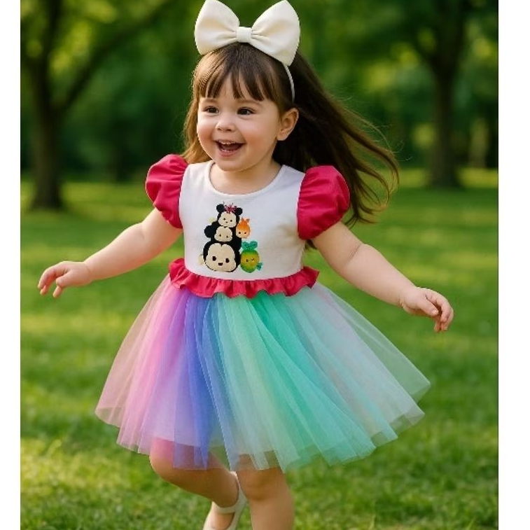 Dress Baju anak Tsum Tsum, dengan tile pelangi