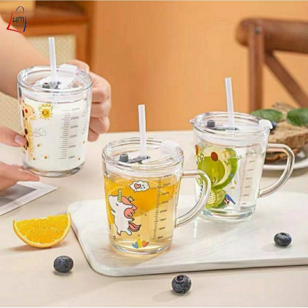 Gelas Mug 350 ml dengan Sedotan / Gelas Kaca Motif Jerapah/Gelas Kaca Tutup dan sedotan / Gelas Kart