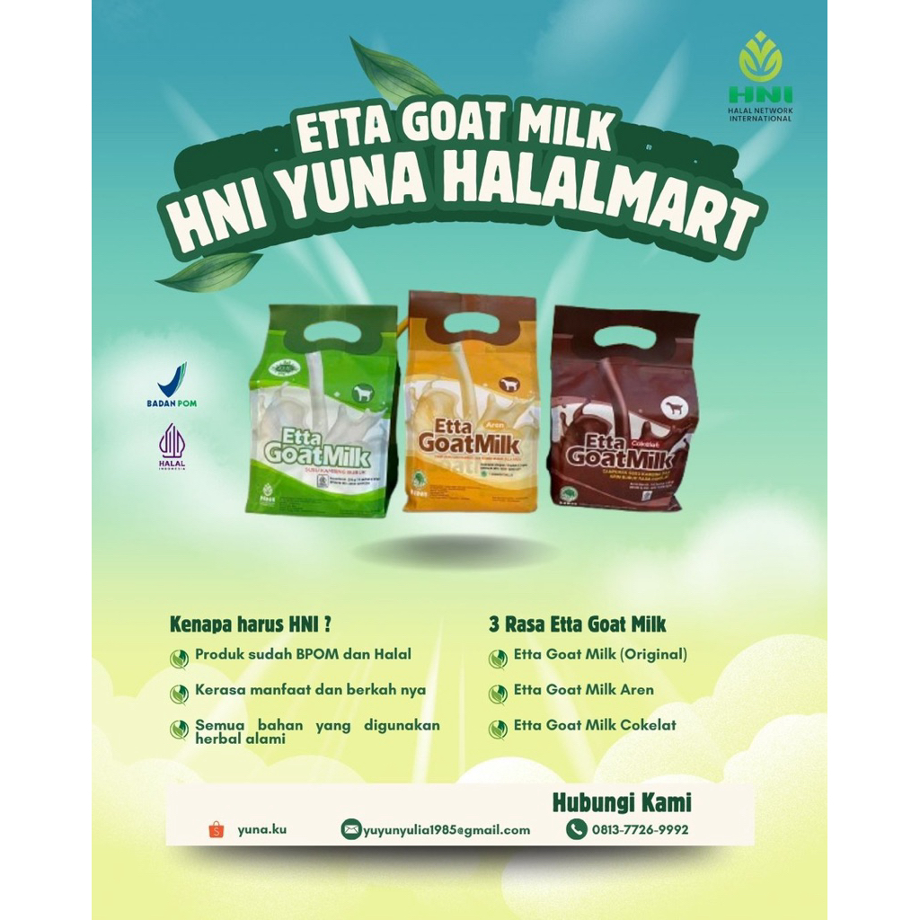 

HNI YUNA HALALMART - ETTA GOAT MILK - SUSU KAMBING ETTAWA BUBUK ORIGINAL BERKHASIAT