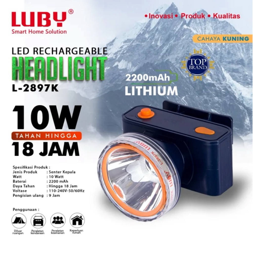 Lampu Senter Kepala 10 watt merk Luby Cahaya Putih dan Kuning