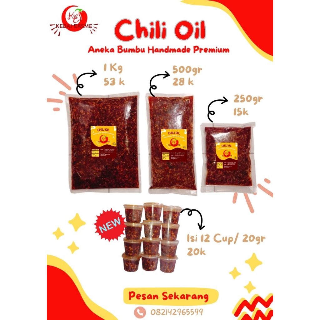 

Chili oil premium handmade original dan ebi 1kg, 500gram, 250gr