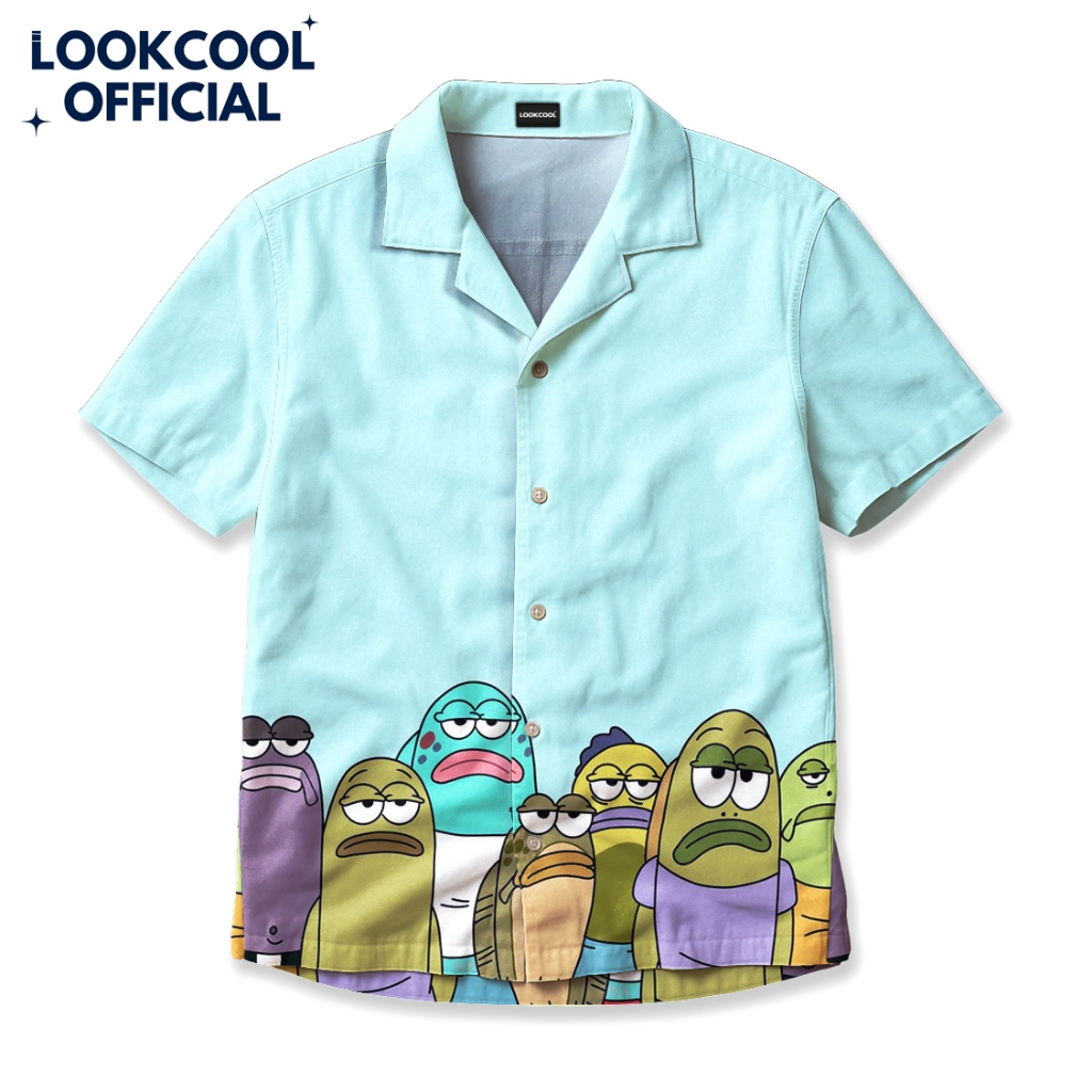 LOOKCOOL Kemeja Motif Kartun Spongebob Ikan Atasan Pria Biru Muda