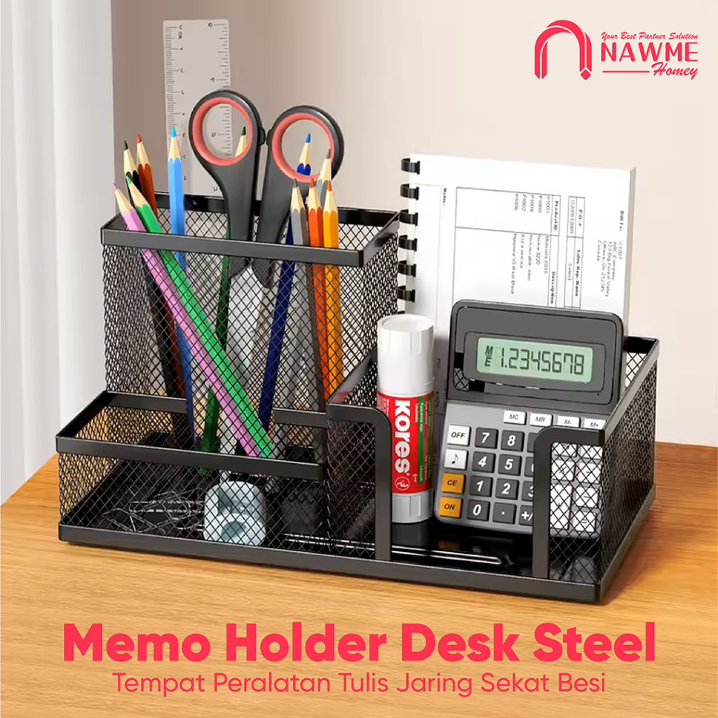Memo Holder Metal Steel Desk Set 3 Layer Tempat Pena Meja Kantor Jaring Logam Besi Sekat