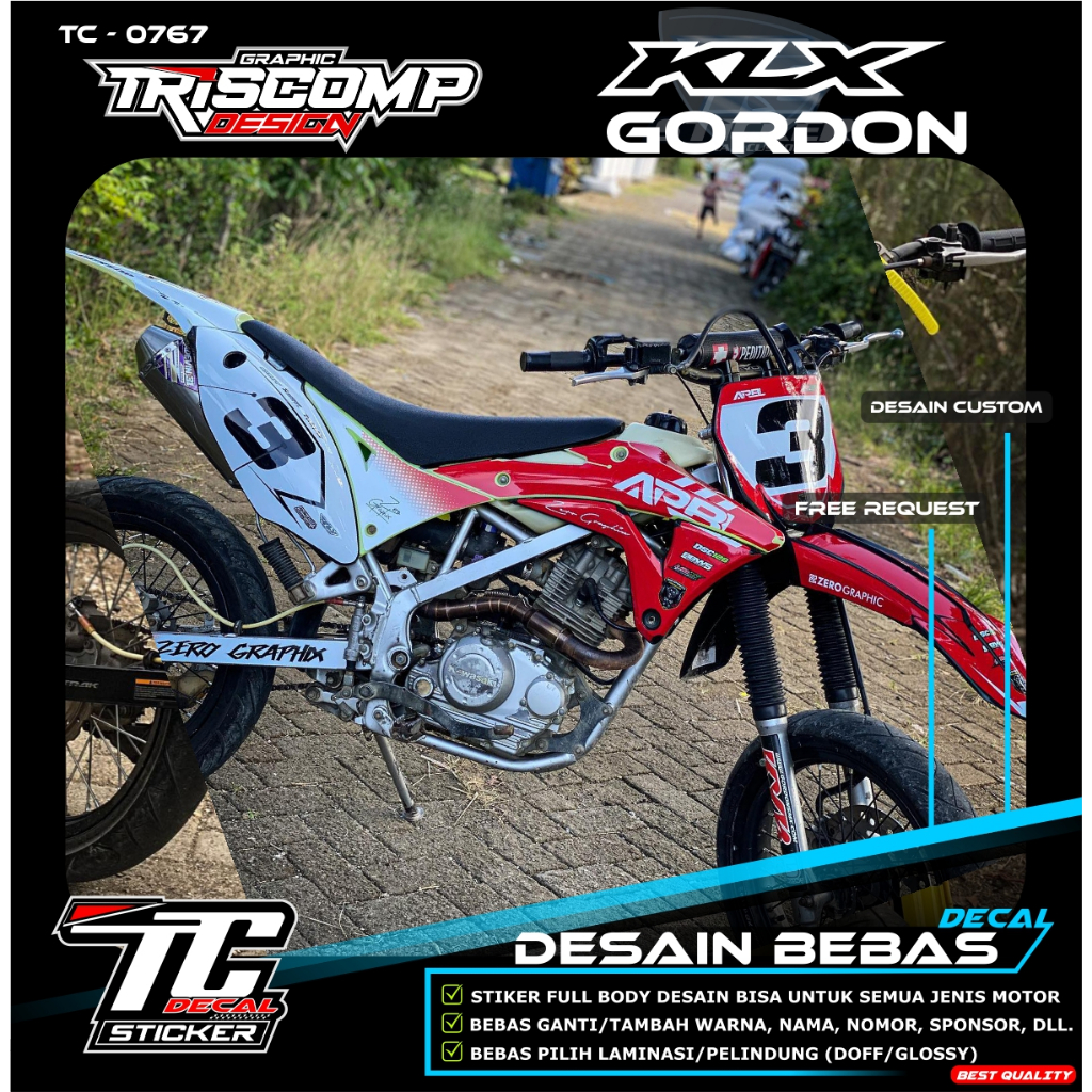 STICKER CUSTOM DECAL GORDON DECAL STICKER BODY KLX GORDON BISA REQUES MOTIF WARNA MERAH PUTIH SUPERG