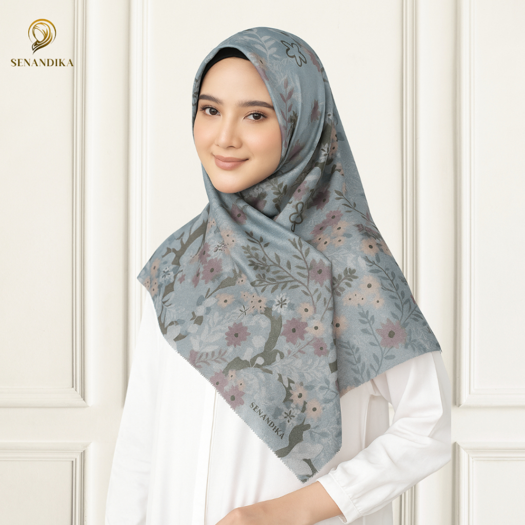 SENANDIKA - Hijab Motif Selma Grey Bloom – Voal Motif Abu Abu, Hijab Elegan Anti Kusut