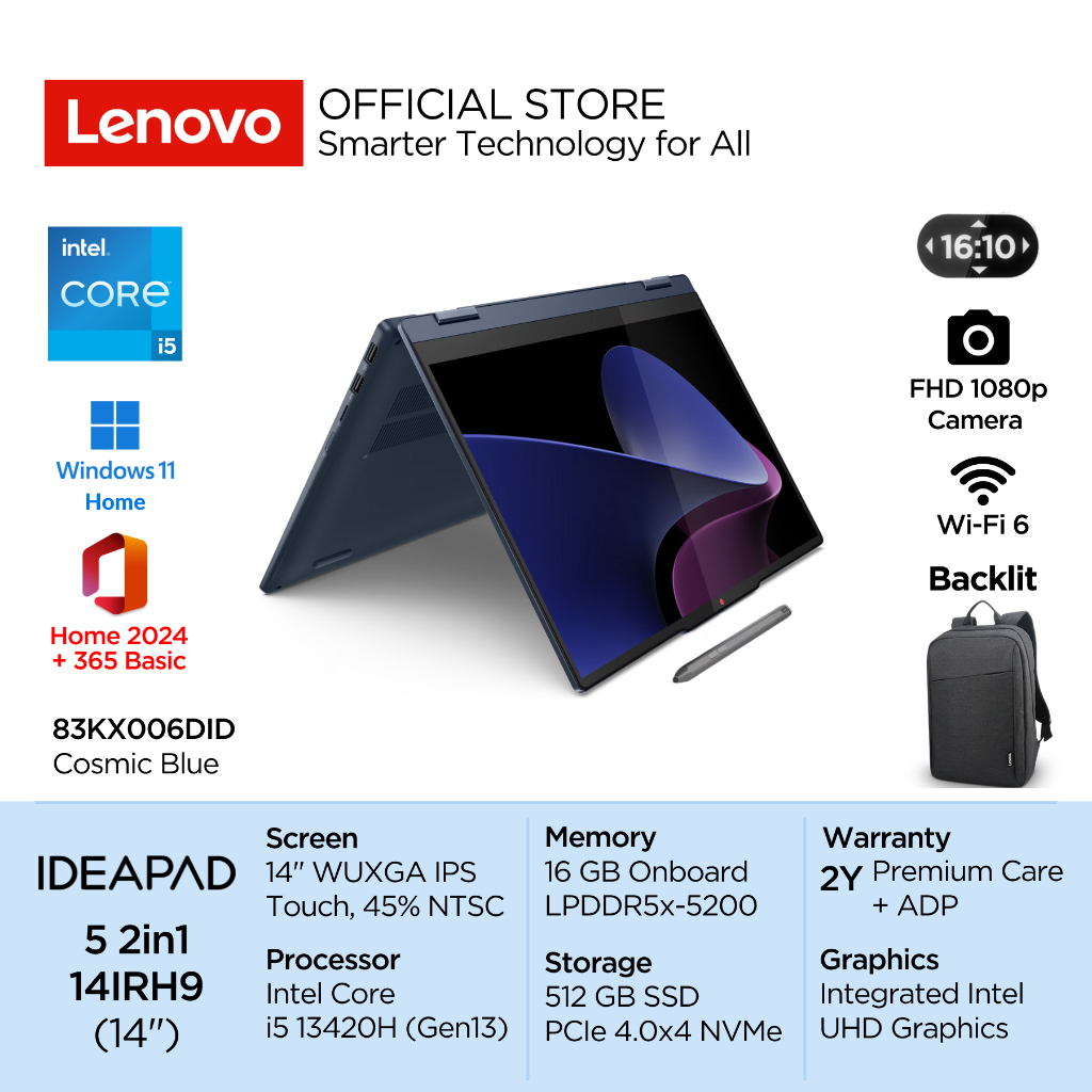Lenovo IdeaPad 5i 2in1 14IRH9 Intel Core i5 13420H Win11 16GB 512GB SSD 14" WUXGA IPS Touch 60Hz 45%