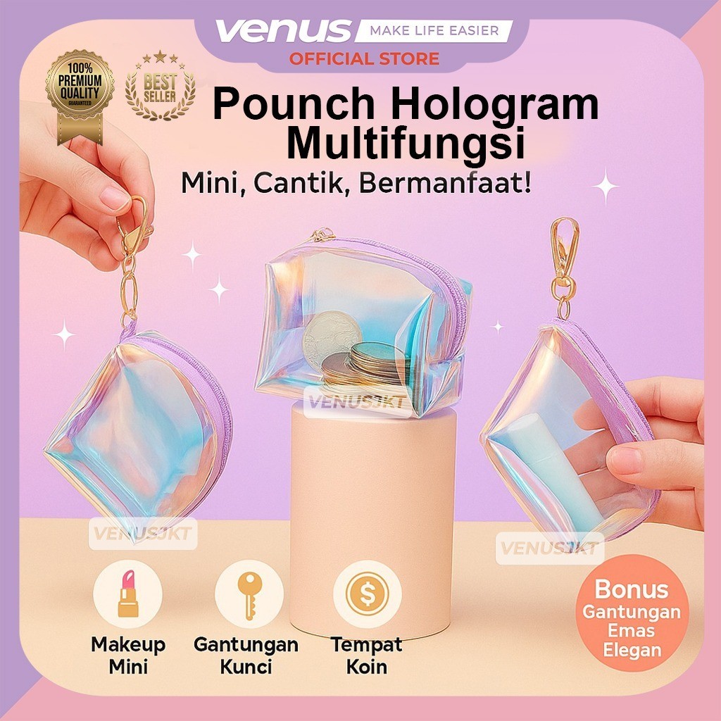 VENUSJKT – Pouch Koin Hologram PVC Aesthetic | Dompet Mini Gantungan Kunci Lucu untuk Uang Receh & A