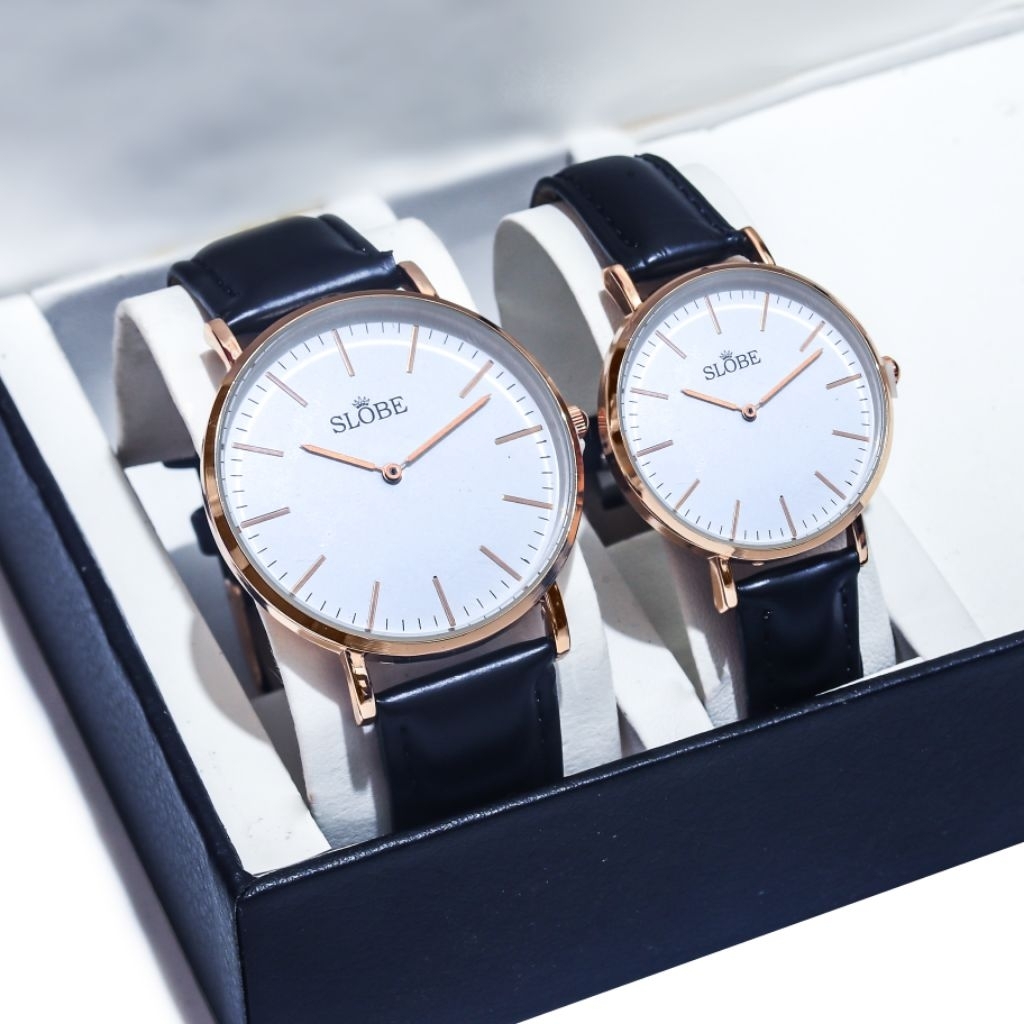 BISA COD JAM TANGAN COUPLE SLOBE ORIGINAL KULIT TANGGAL AKTIF FREE BOX