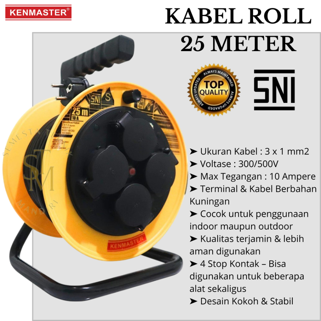 Kenmaster Kabel Roll 25 Meter Kabel Gulung Serbaguna - Hitam Kuning SNI