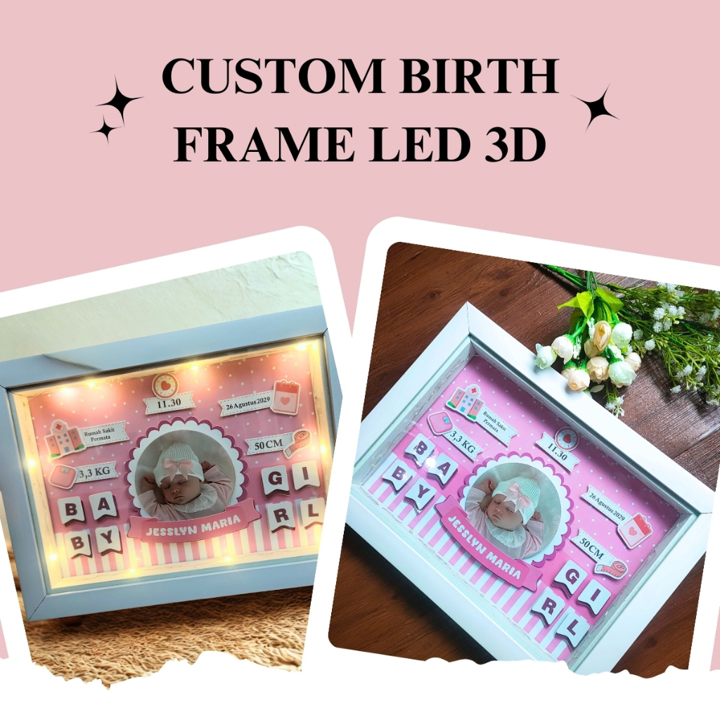 CUSTOM BIRTH FRAME LED 3D Pigura Kelahiran Bayi | Custom Nama, Tanggal Lahir, Berat | Frame A4/A5/A6