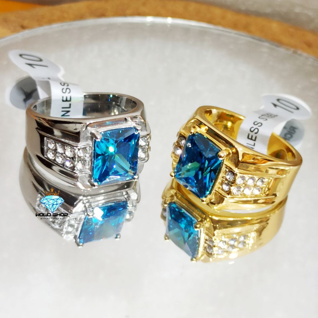 Cincin Titanium Pria Permata Blue Safir Super Mewah