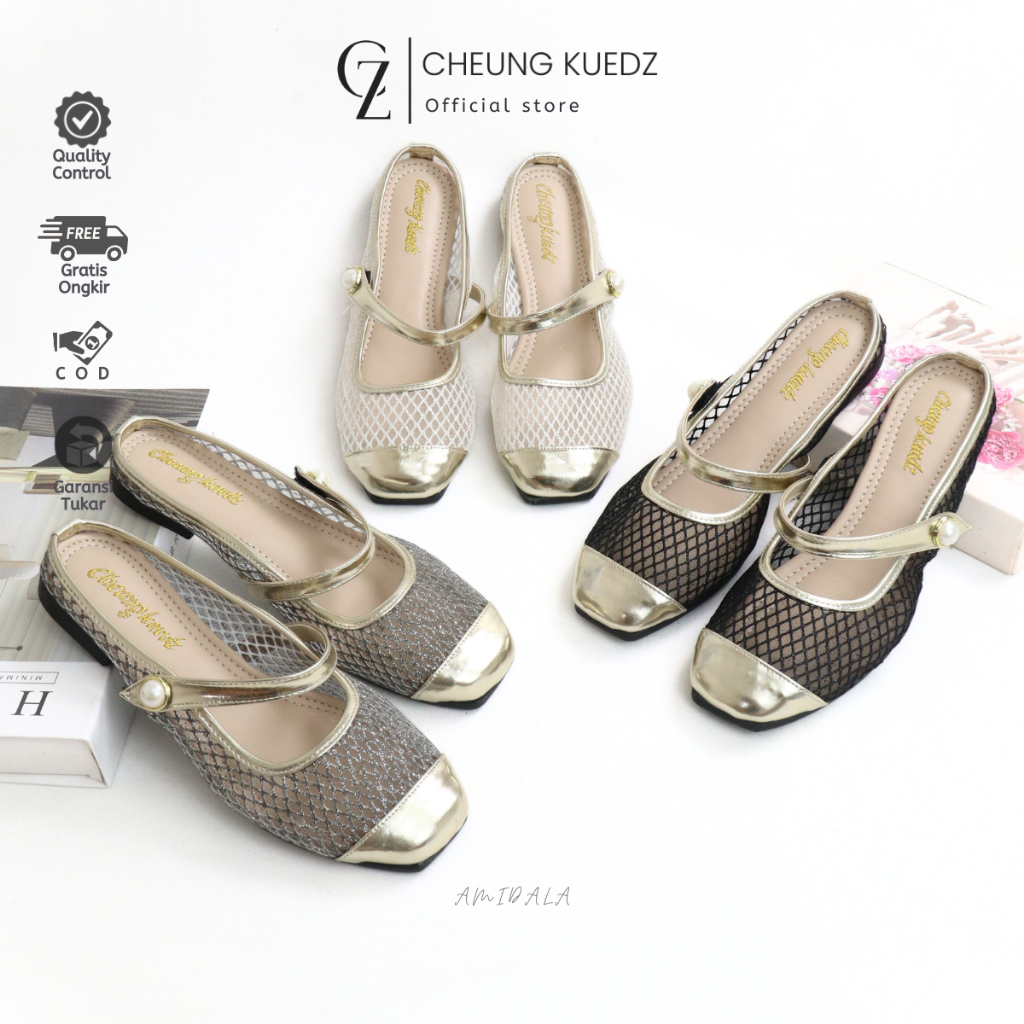 Cheung Kuedz Amidala Sandal Bustong Slop Flat Wanita Bahan Brokat vzk