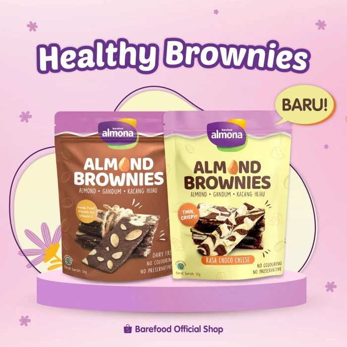 

BAREFOOD Almona Almond Cookies Brownies 50Ggr - Cemilan Diet Sehat Gandum Kacang Hijau - Dairy Free - No Preservative - No Coloring