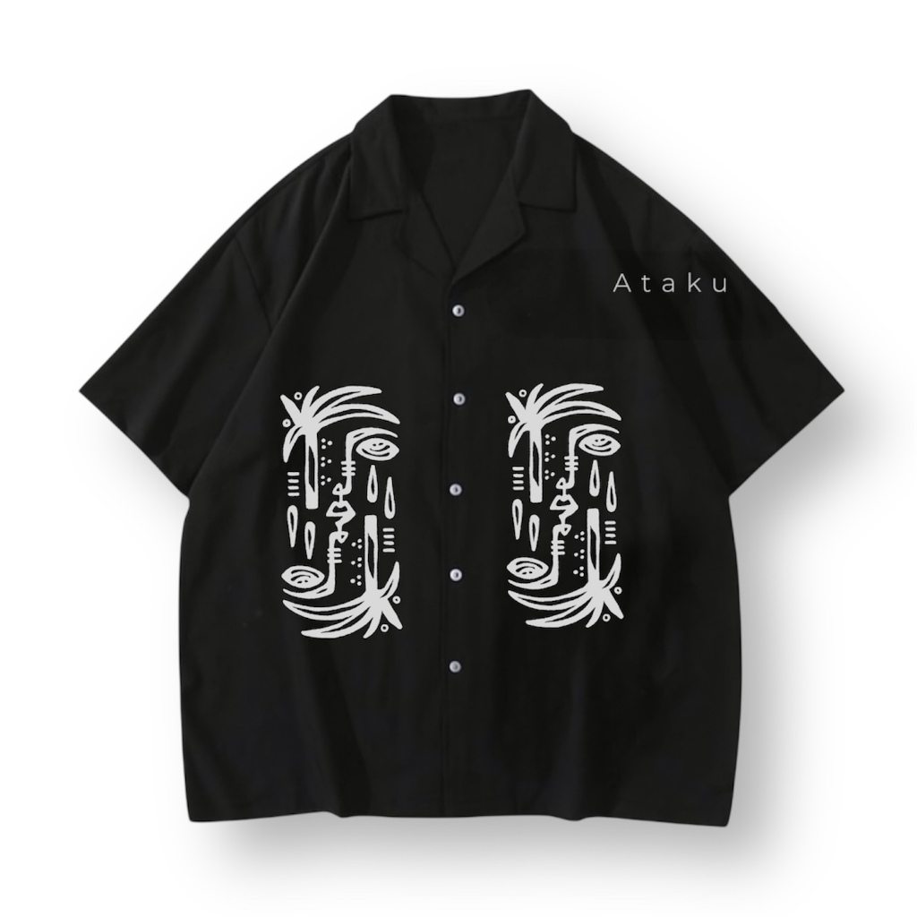 Kemeja Pria & Wanita Kemeja Vintage Korea Hawai Kameja Pria Hem Hitam Putih Motif Bunga | Lengan Pen