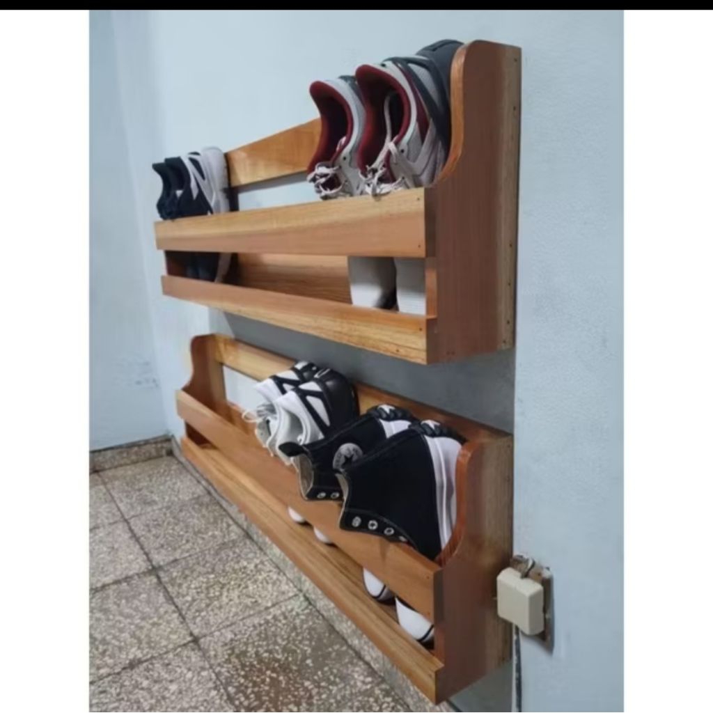 rak sepatu & sendal tempel dinding berbahan kayu solid model estetik dan minimalis
