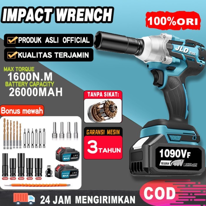 JLD 1090VF Brushless Mesin bor Impact baterai Cordless Impact wrench Impact JLD 588V 2baterai impek
