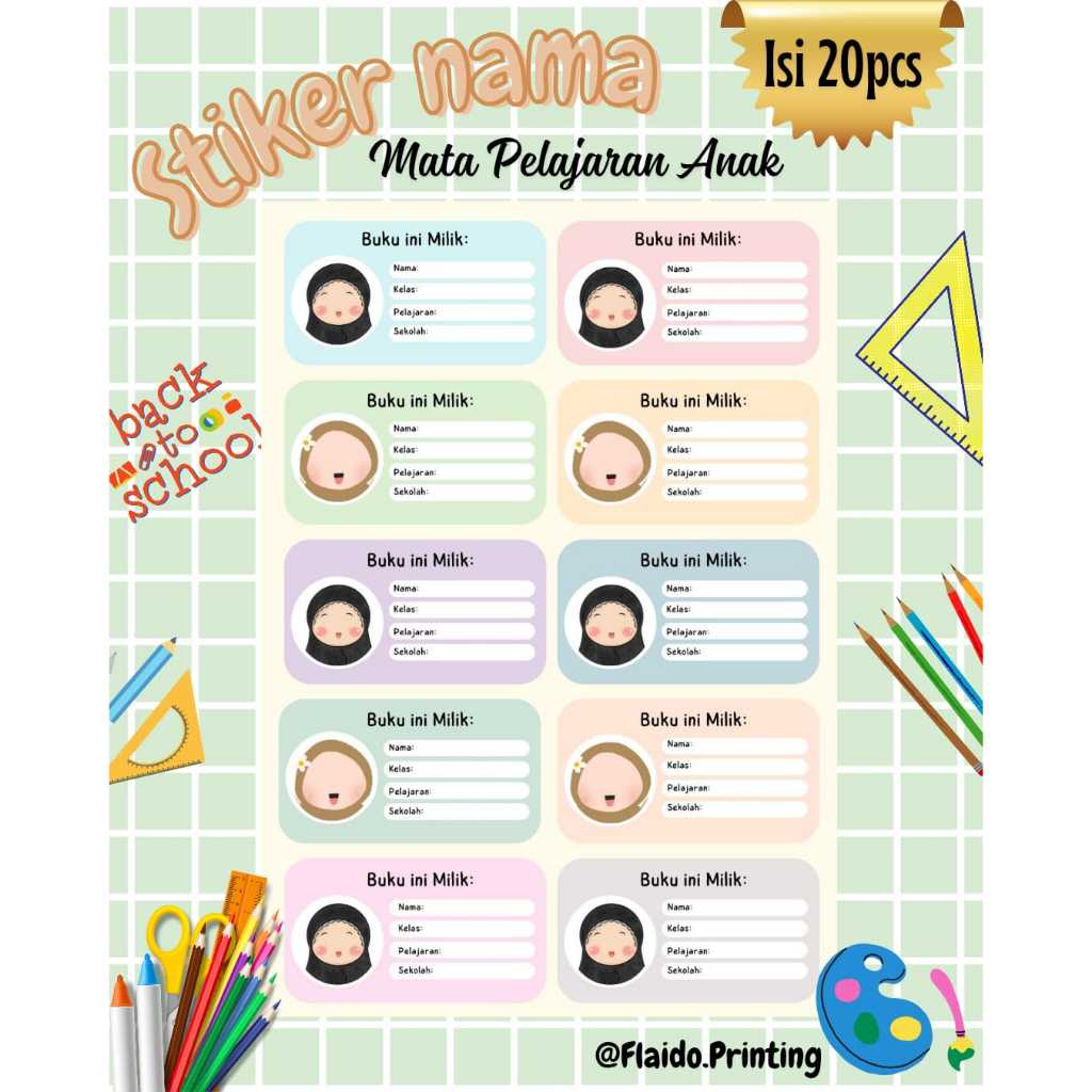 

Terbaru! Sticker label buku pelajaran Sekolah Motif Muslim isi 20pcs