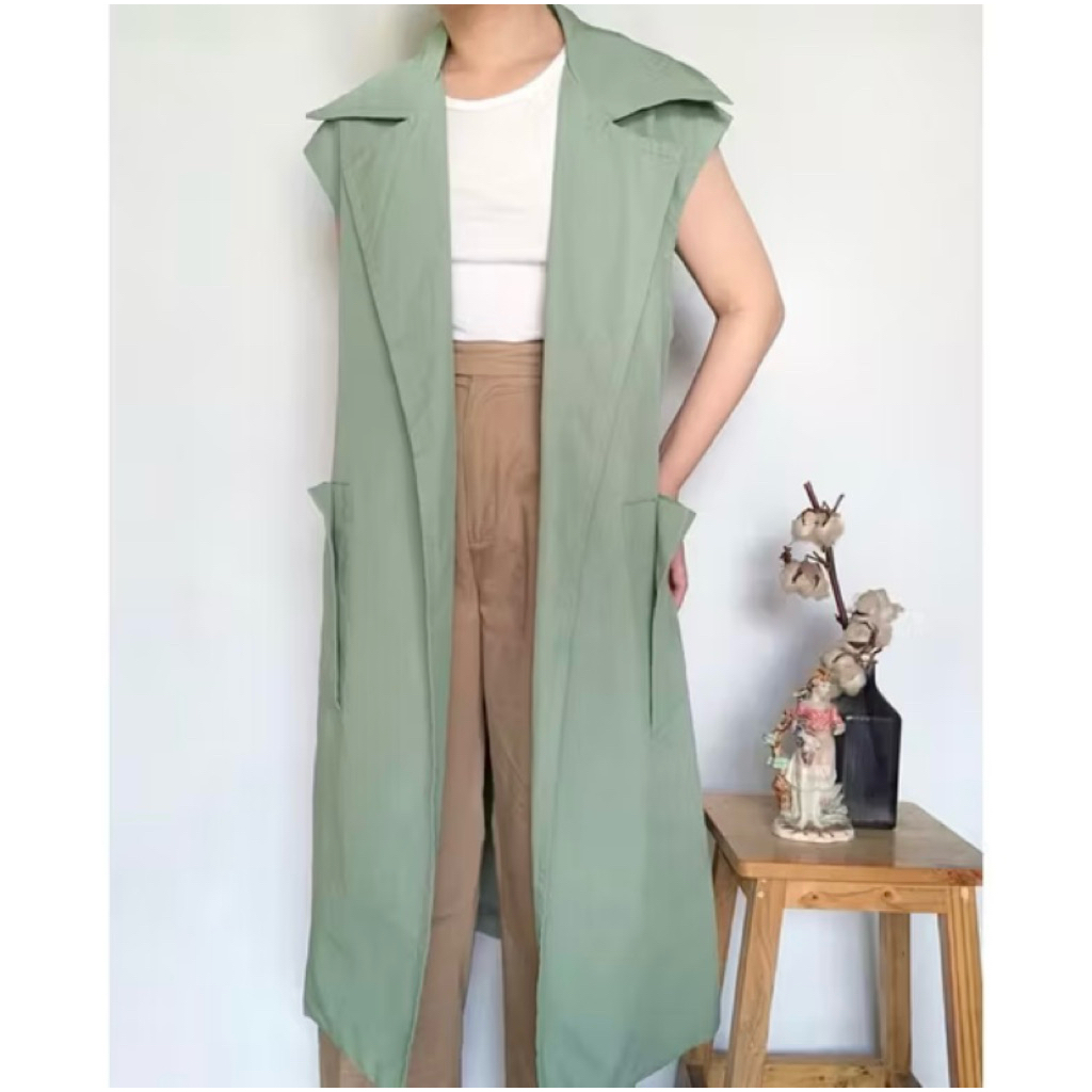 Preloved Long Vest Green Sage | Outer Panjang Hijau Sage