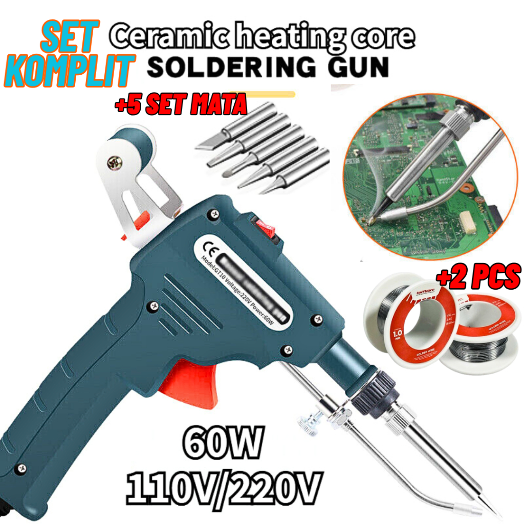 Taffware Solder Listrik Tembak Automatic 60 Watt Set Komplit +Timah 2 Pcs+5 Set Mata Solder - GT10