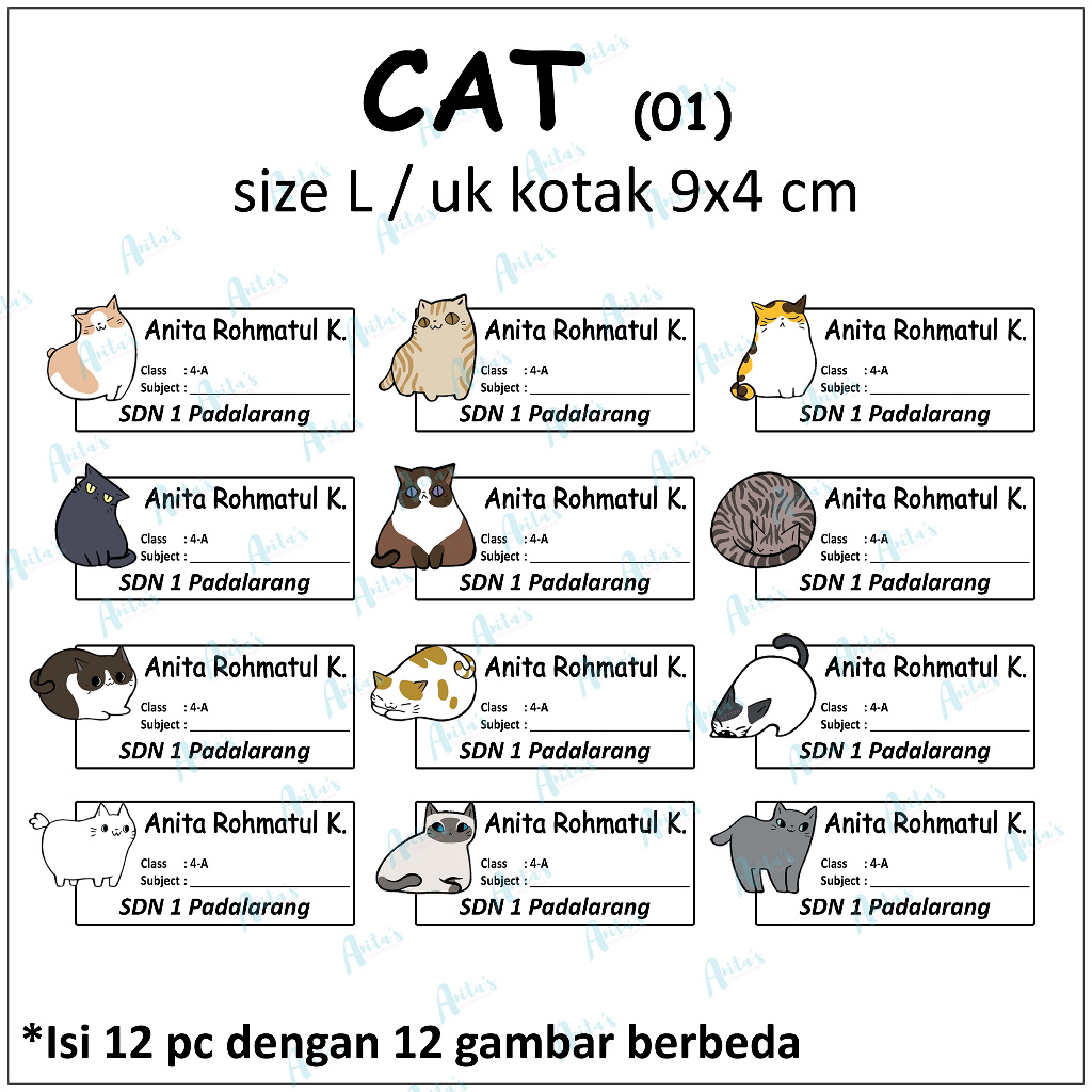

12pc STIKER NAMA BUKU PELAJARAN ANAK SEKOLAH tema CAT 01 | size L / 9x4 cm | CUSTOM
