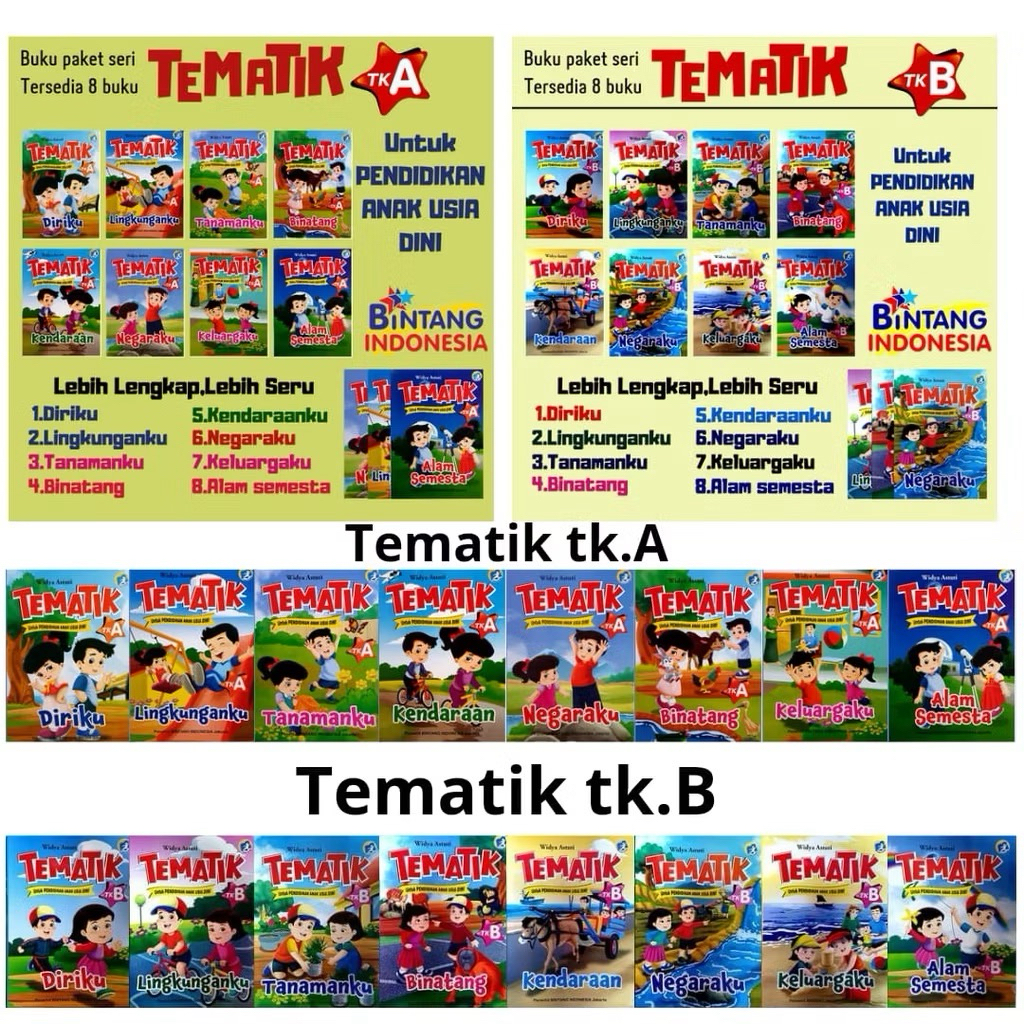 Paket isi 8 Buku Tematik TK A & B Kurikulum 2013 Bintang Indonesia
