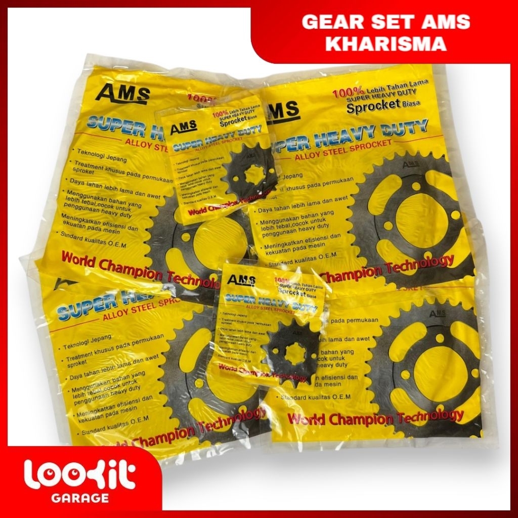 GEAR SET AMS – 1 SET UNTUK MOTOR Honda Kharisma• Supra X 125• Supra New• Supra Fit New, Include Rant