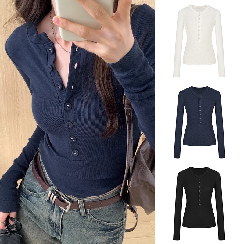 Kaos wanita lengan panjang stretch ramping cewek seksi dan seksi/kaos kerah setengah terbuka biru