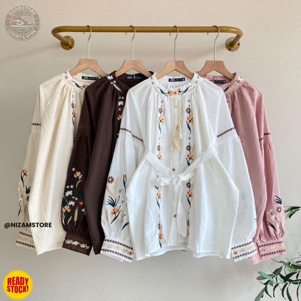 Nizamstore Blouse Bordir Etnik Lengan Balon Katun Linen Premium Tali Serut Depan Fit to XL