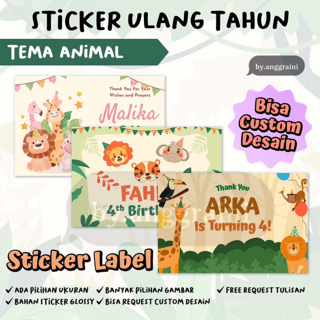 

Sticker Ulang Tahun - Animal Safari Jungle Custom - Stiker Label Kotak Nasi Bento - Ultah Anak