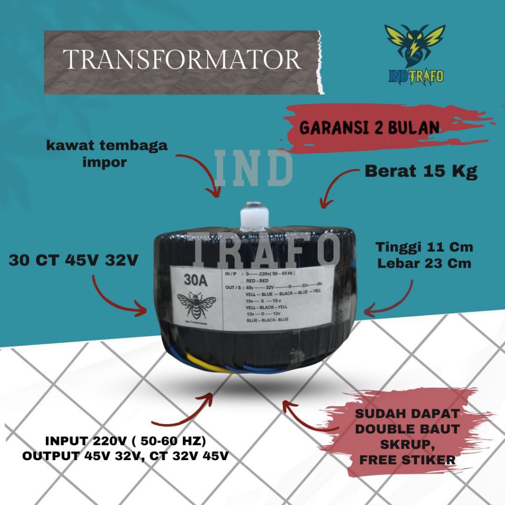 trafo toroid donat 30 ampere ct 45v - 32v