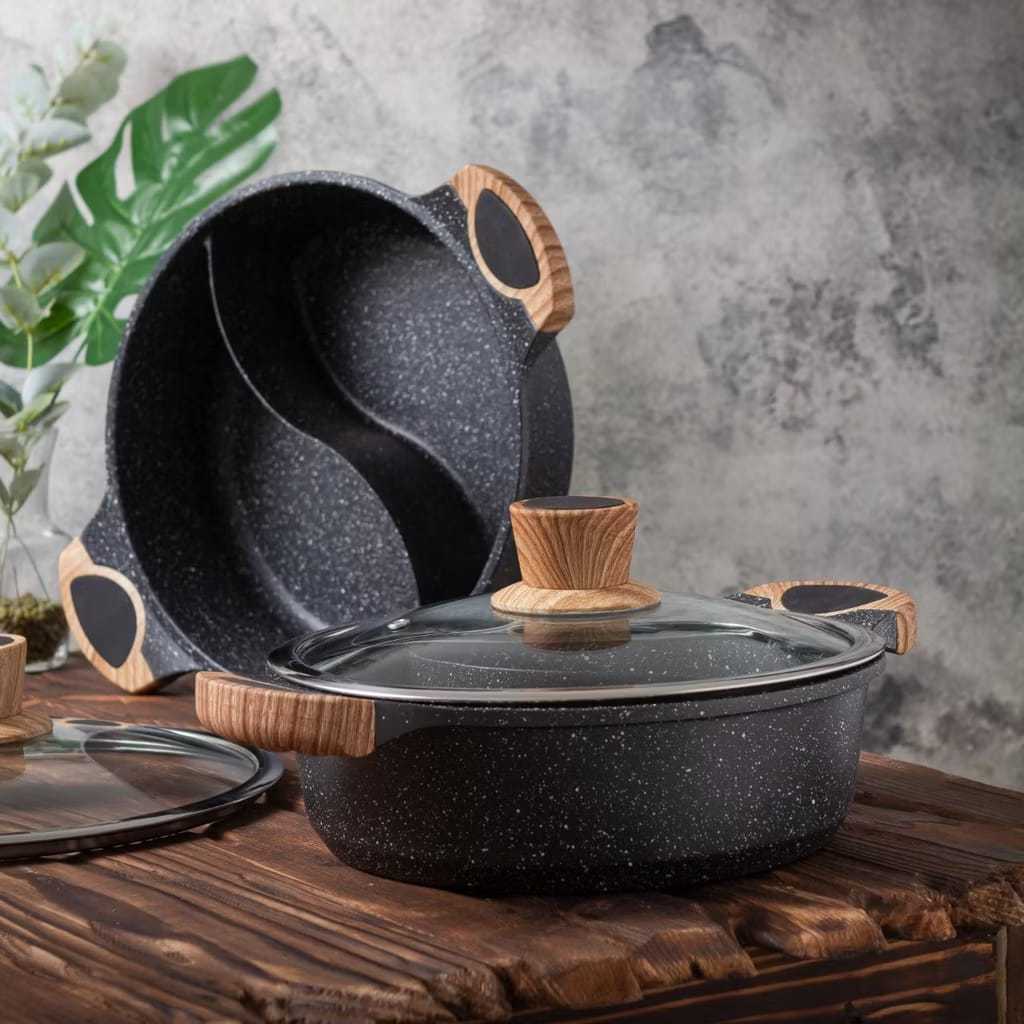 Panci Steamboat Shabu Suki Sekat 2 Anti Lengket Tutup Kaca - Divided Soup Pot Yin Yang Induction